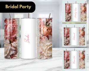 Bachelorette party tumblers with names; Bold script bride tumbler with straw; Maid of honor tumbler in hot pink
